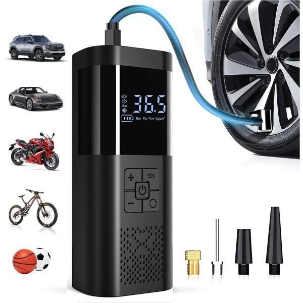 Compresor de aire portátil inflador de neumáticos, bomba de neumáticos de coche de 150PSI, equipado con un manómetro de presión de neumáticos, luz LED y una bomba de neumáticos inteligente inalámbrica de un solo botón tres veces más rápida, adecuada para coches, motocicletas, bicicletas y balones deportivos.