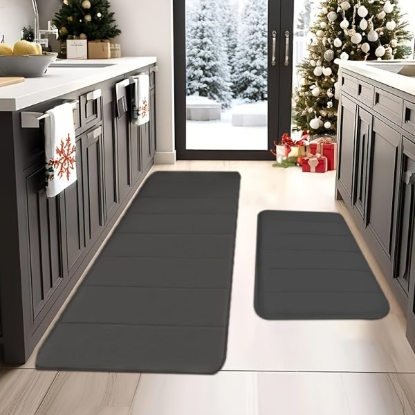 Juego de Alfombrillas de Terciopelo Coral a Rayas de Dos Piezas, Combinación Grande con Almohadilla Absorbente, Colores Disponibles: Gris Oscuro, Gris Claro, , Diseño Elegante Rectangular - Image 7