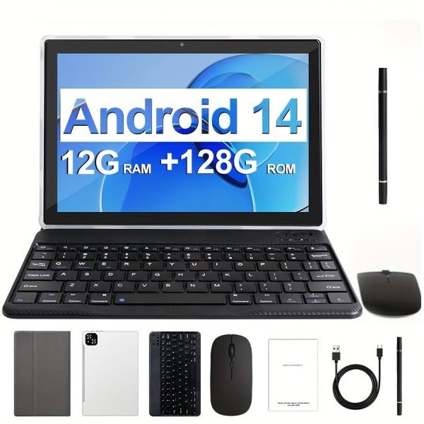 Tablet de 10.1 Pulgadas con Sistema Operativo Android 14, Tableta 2 en 1 con Teclado, Ratón, Funda, Estilete, 128GB ROM 12GB 4GB+8GB RAM Ampliable, Doble Cámara, Procesador de Ocho Núcleos, Pantalla Táctil IPS Alta Definición 1280*800, GMS Tab, Wi-Fi 5G y 6, Google, Tableta