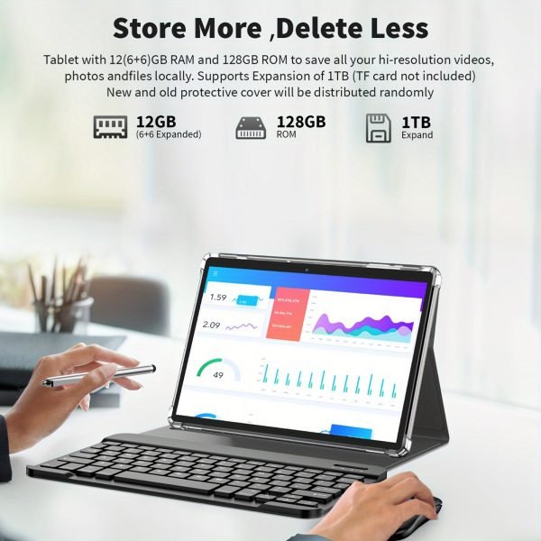 Tableta Android Relndoo con teclado, Android 14, almacenamiento de 128GB, RAM expandida de 6GB+6GB, tableta 2 en 1, tableta de 10,1 pulgadas con estuche, ratón, estilográfico, 1280x800IPS, inalámbrica 2.4G/5G, tipo C (sin adaptador), tableta, pad - Image 6