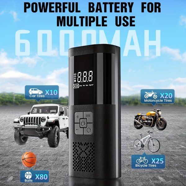 Compresor de aire portátil inflador de neumáticos, bomba de neumáticos de coche de 150PSI, equipado con un manómetro de presión de neumáticos, luz LED y una bomba de neumáticos inteligente inalámbrica de un solo botón tres veces más rápida, adecuada para coches, motocicletas, bicicletas y balones deportivos. - Image 7