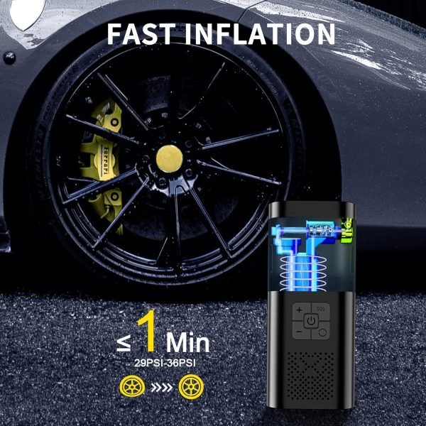 Compresor de aire portátil inflador de neumáticos, bomba de neumáticos de coche de 150PSI, equipado con un manómetro de presión de neumáticos, luz LED y una bomba de neumáticos inteligente inalámbrica de un solo botón tres veces más rápida, adecuada para coches, motocicletas, bicicletas y balones deportivos. - Image 2