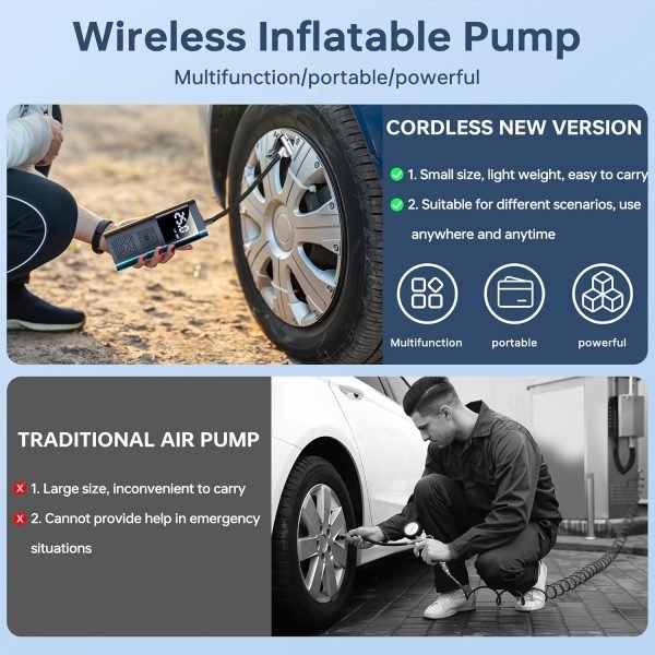 Compresor de aire portátil inflador de neumáticos, bomba de neumáticos de coche de 150PSI, equipado con un manómetro de presión de neumáticos, luz LED y una bomba de neumáticos inteligente inalámbrica de un solo botón tres veces más rápida, adecuada para coches, motocicletas, bicicletas y balones deportivos. - Image 6