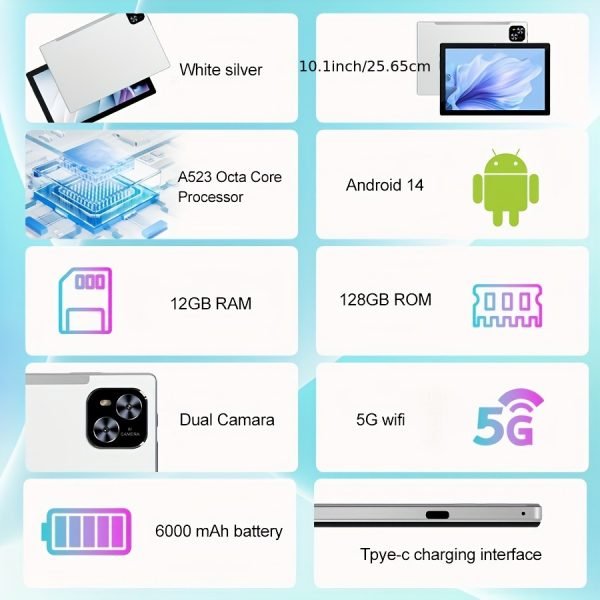 Tablet de 10.1 Pulgadas con Sistema Operativo Android 14, Tableta 2 en 1 con Teclado, Ratón, Funda, Estilete, 128GB ROM 12GB 4GB+8GB RAM Ampliable, Doble Cámara, Procesador de Ocho Núcleos, Pantalla Táctil IPS Alta Definición 1280*800, GMS Tab, Wi-Fi 5G y 6, Google, Tableta - Image 6