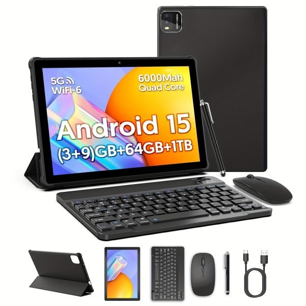 Tableta Android 15 de 10,1" con teclado, ratón y estilográfico - 3GB de RAM, 64GB de ROM + 1TB de almacenamiento expandible, procesador de 4 núcleos, pantalla táctil IPS de 1280x800, altavoces dobles, cámara de 8MP + 2MP, batería de 6000mAh de larga duración, ideal para trabajo en la oficina, viajes y estudios - Negro, tableta de oficina | Diseño de tableta elegante | Batería duradera, tableta Android, tableta, Pad