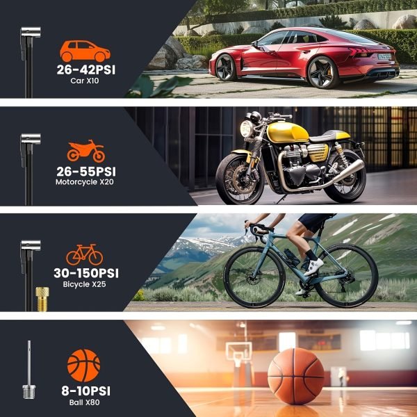 Compresor de aire portátil inflador de neumáticos, bomba de neumáticos de coche de 150PSI, equipado con un manómetro de presión de neumáticos, luz LED y una bomba de neumáticos inteligente inalámbrica de un solo botón tres veces más rápida, adecuada para coches, motocicletas, bicicletas y balones deportivos. - Image 4