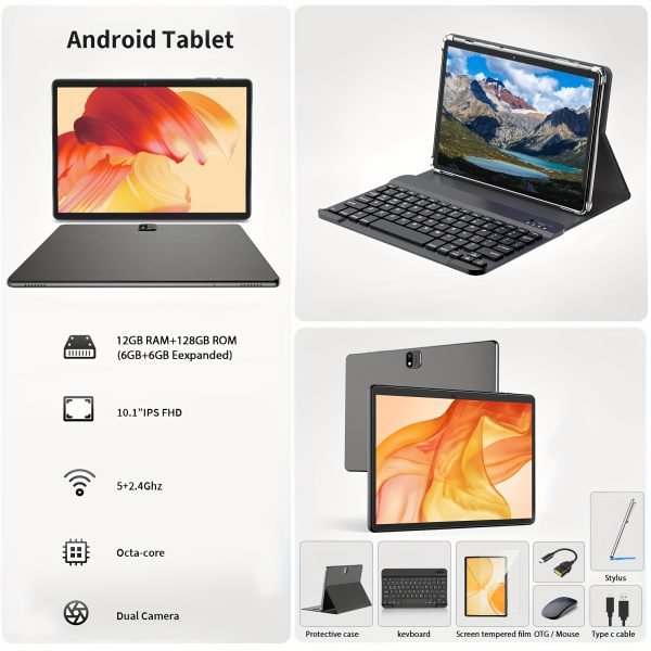 Tableta Android Relndoo con teclado, Android 14, almacenamiento de 128GB, RAM expandida de 6GB+6GB, tableta 2 en 1, tableta de 10,1 pulgadas con estuche, ratón, estilográfico, 1280x800IPS, inalámbrica 2.4G/5G, tipo C (sin adaptador), tableta, pad - Image 4