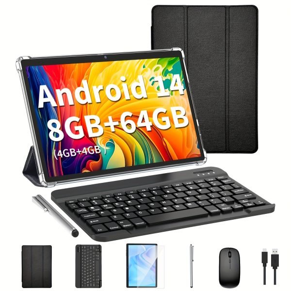Tableta QDDQ 10 Pulgadas Android 14 con Teclado, Ratón y Estuche - 8GB RAM, 64GB ROM, Procesador Rockchip Quad-Core, Pantalla HD 1280x800, WiFi, Carga USB-C para Trabajo y Entretenimiento, Lápiz Óptico, Accesorios de Productividad, Tecnología Multifuncional, Alta Calidad, Estación Portátil, Dispositivo Confiable, Para Entusiastas de la Técnica