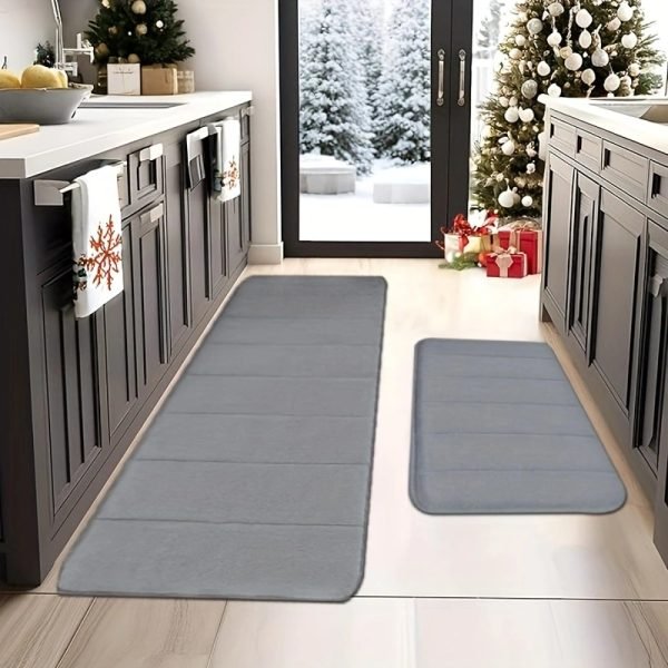 Juego de Alfombrillas de Terciopelo Coral a Rayas de Dos Piezas, Combinación Grande con Almohadilla Absorbente, Colores Disponibles: Gris Oscuro, Gris Claro, , Diseño Elegante Rectangular - Image 3