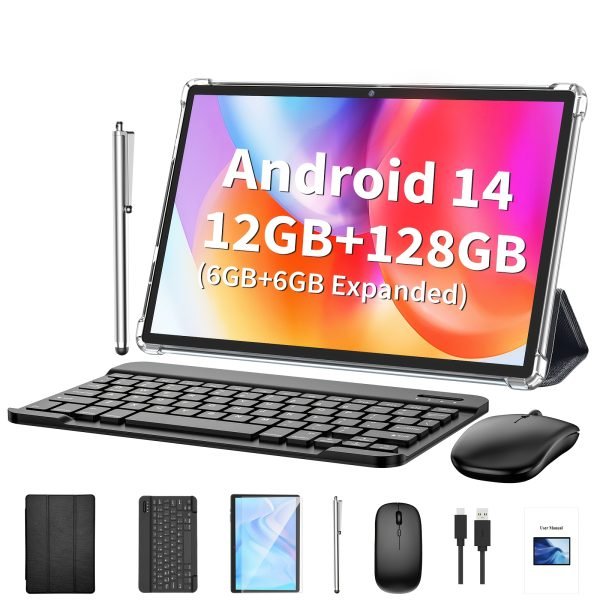 Tableta Android Relndoo con teclado, Android 14, almacenamiento de 128GB, RAM expandida de 6GB+6GB, tableta 2 en 1, tableta de 10,1 pulgadas con estuche, ratón, estilográfico, 1280x800IPS, inalámbrica 2.4G/5G, tipo C (sin adaptador), tableta, pad